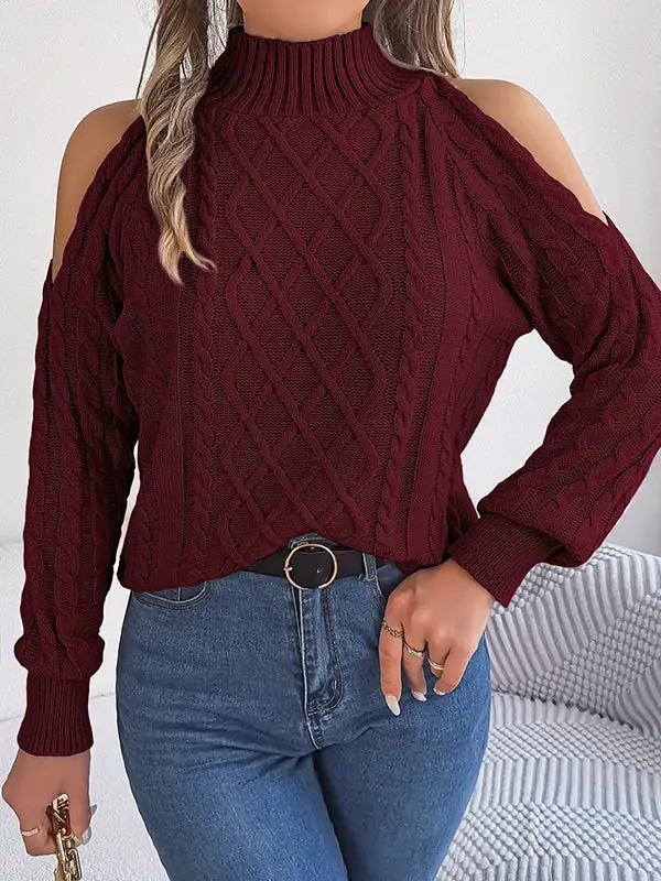 Openwork Cold Shoulder Long Sleeve Relaxed Fit Pullover Sweater