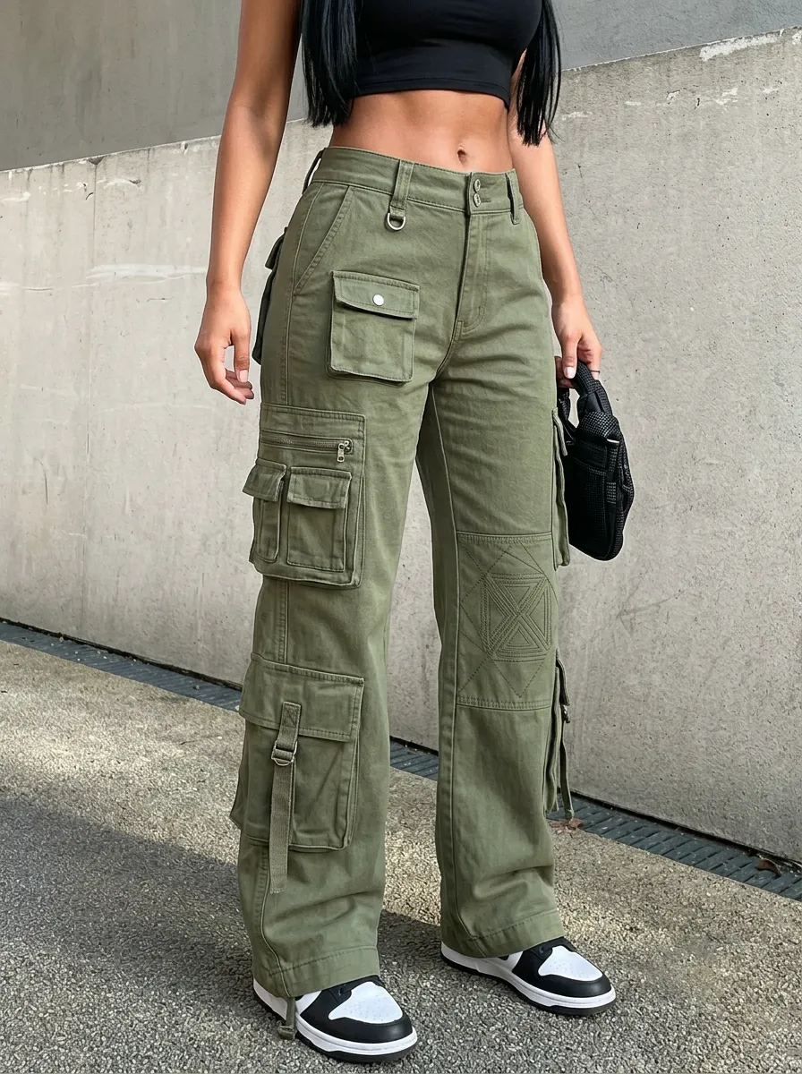 Flexible Geometric Pattern Multi Pocket Utility Look Women's Multi Pocket Cargo Pants