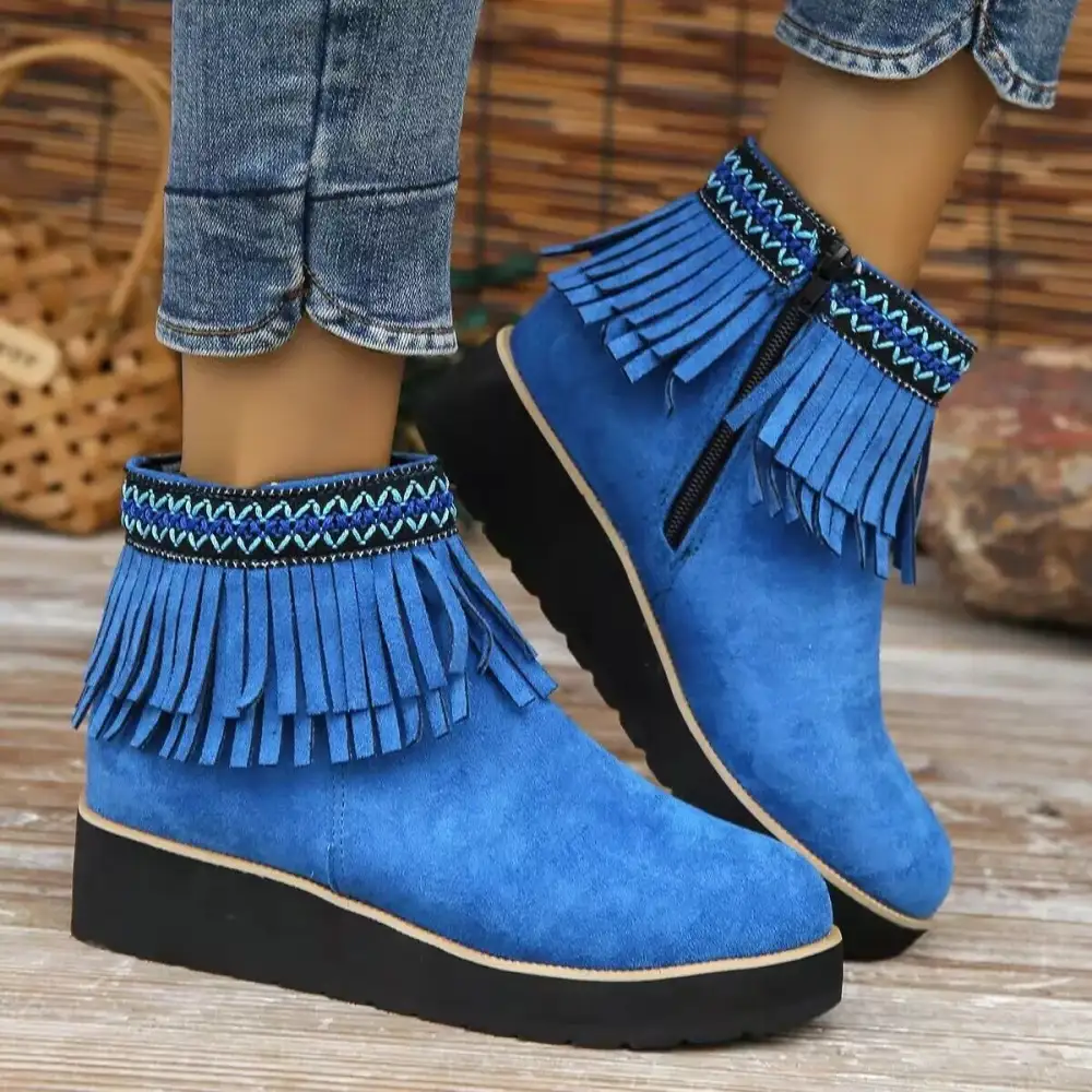 Fringe Round Toe Ankle Boots