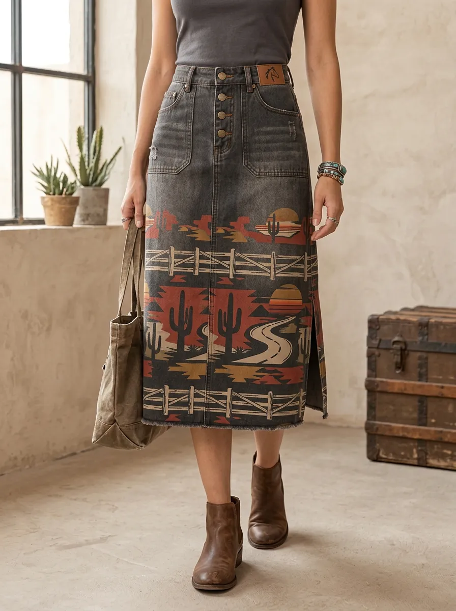 Women's Frontier Desert Print Denim Midi Skirt