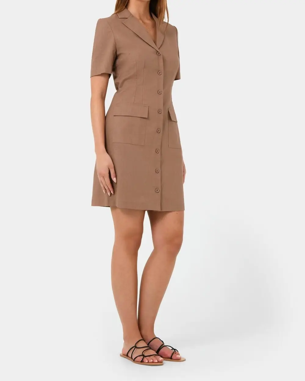 Notch Lapel Collar Button Linen Dress