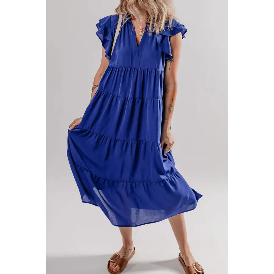 Ruffled Ruffled Short Sleeve Collared V Neck Tiered Midi Dress
