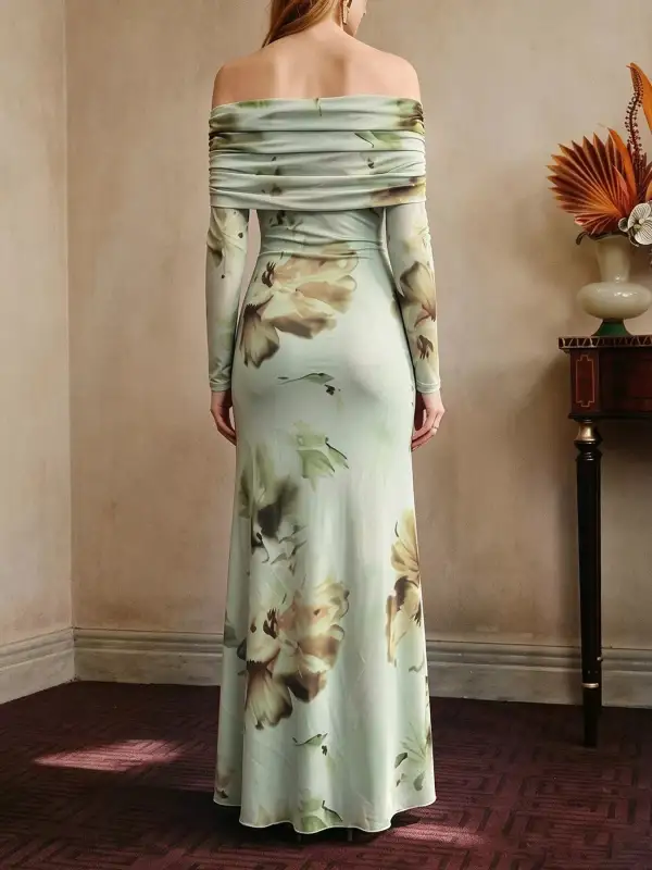 Ruffled Slit Off-Shoulder Maxi Dress