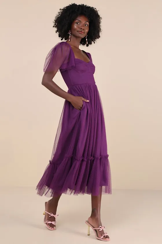 Dreamy Celebration White Tulle Bustier Swiss Dot Midi Dress