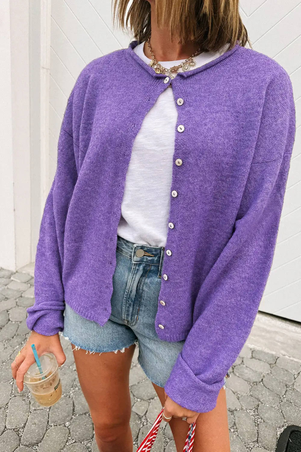Solid Knit Button Drop Shoulder Cardigan