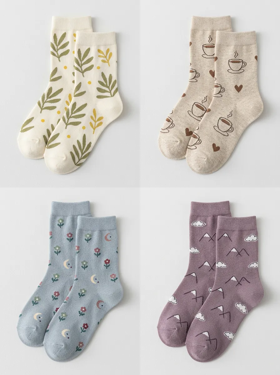 Women's Mixed Botanical Coffee Crew Socks Four Pair Set