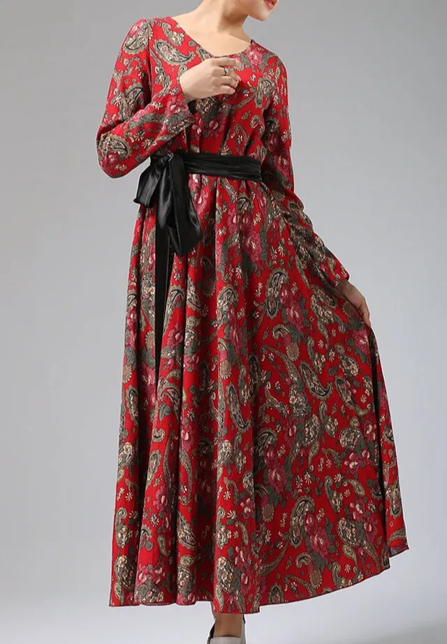 Printed Linen A Line Long Sleeve Maxi Dress