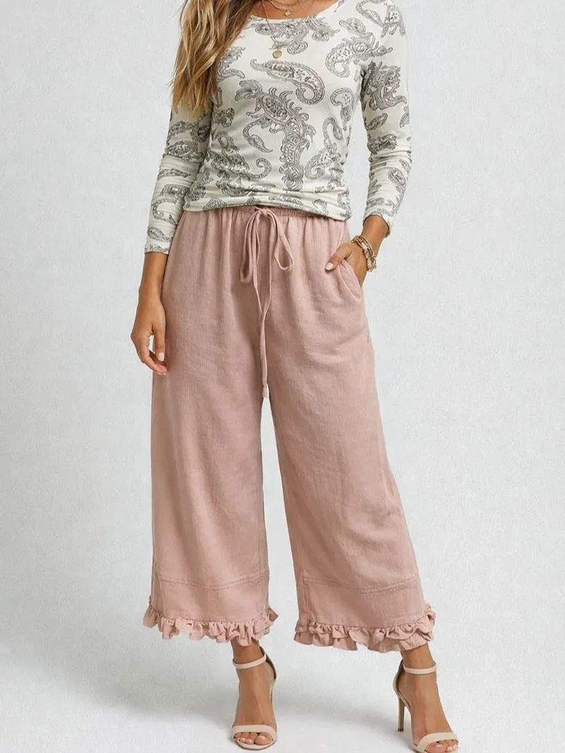 Elastic Waist Drawstring Ruffle Hem Wide Leg Pants