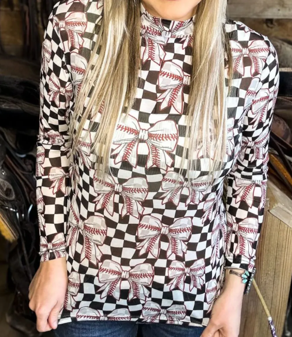 Checkered Baseball Bow Detail Mesh Top