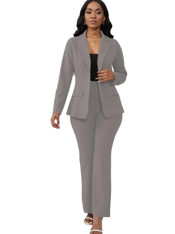 Women's Basic Plain Button Lapel Neck Blazer & Suit Pants