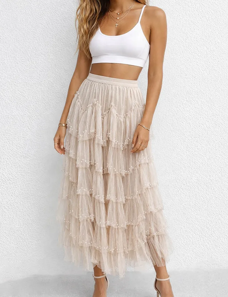 Sheer Mesh Faux Pearl Tiered Ruffle Maxi Skirt