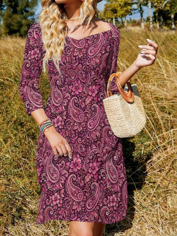 Tied Print Long Sleeve Dress