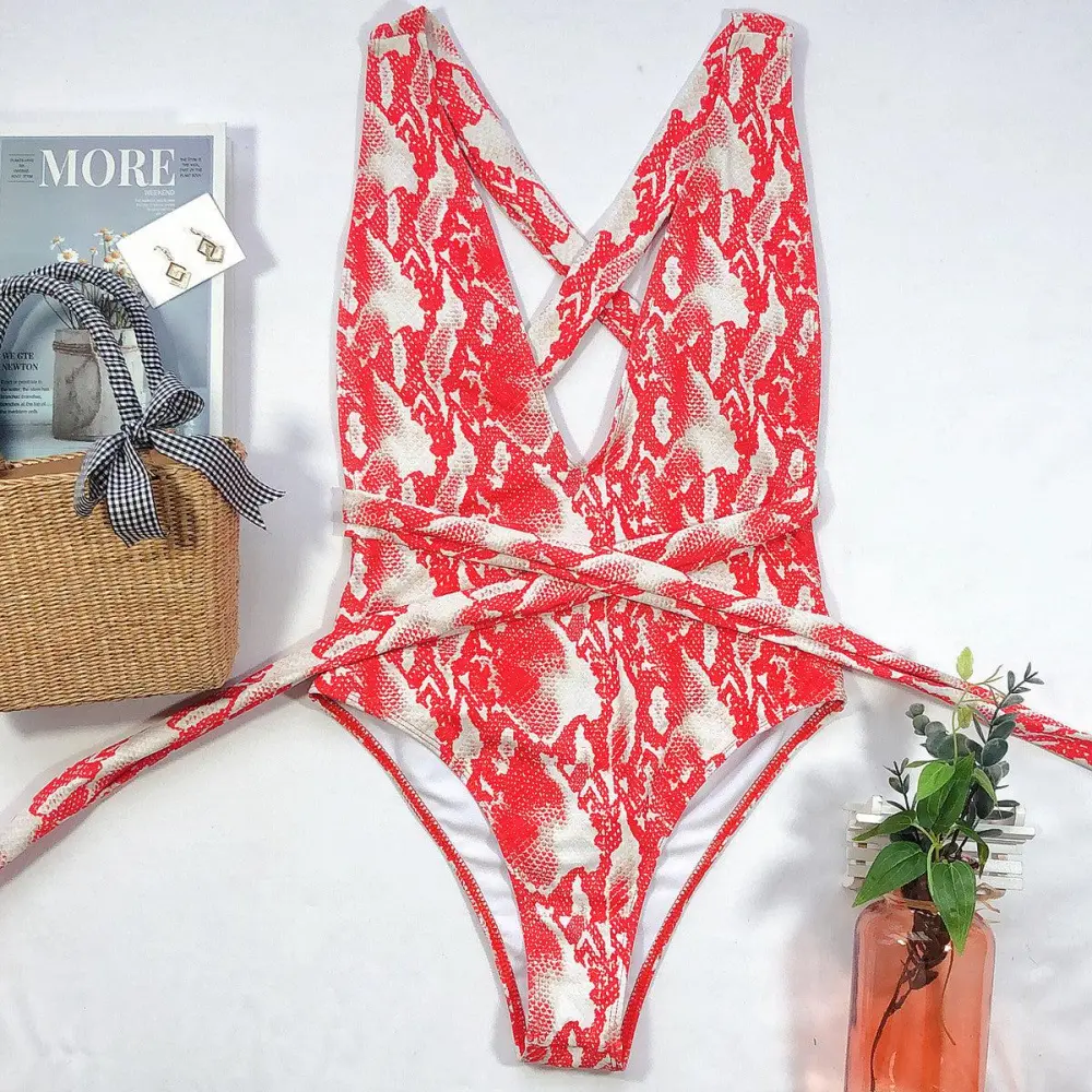 Halter Neck Deep V Tied One Swimsuit