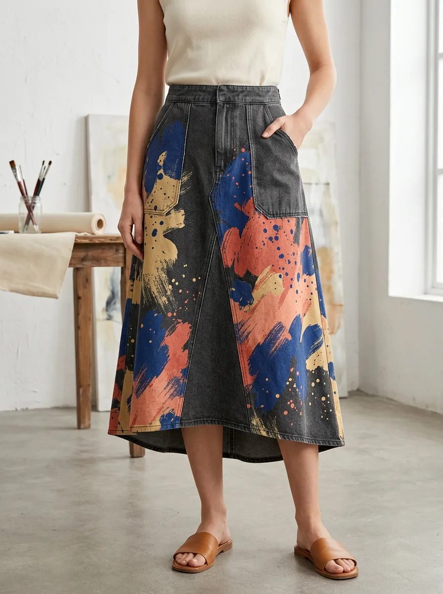 Women's Artistic Abstract Paint Splatter Printed Denim Midi Skirt