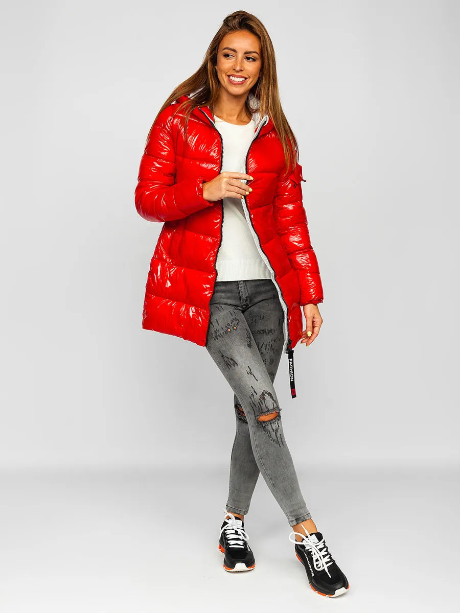 women's red quilted winter jacket with hood