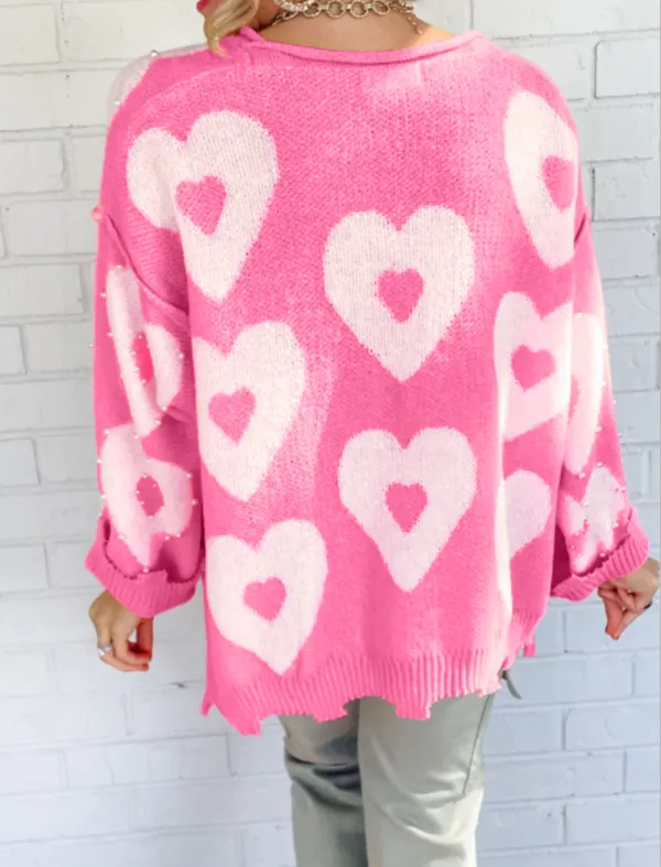 Pearl Beaded Heart Drop Shoulder Sweater