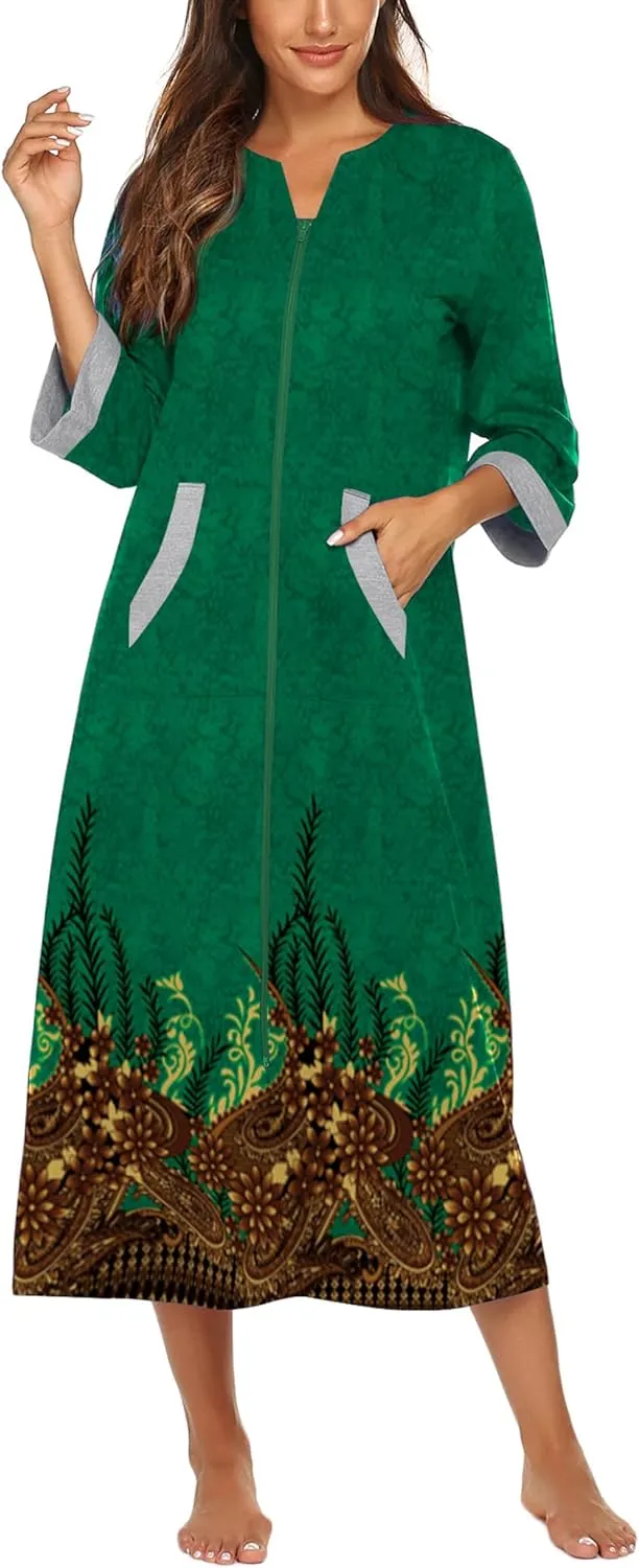 50% OFF Women Zipper Robe 3/4 Sleeves Loungewear Dress Full Length Sleepwear Pockets Housecoat Nightgown Long Bathrobe
