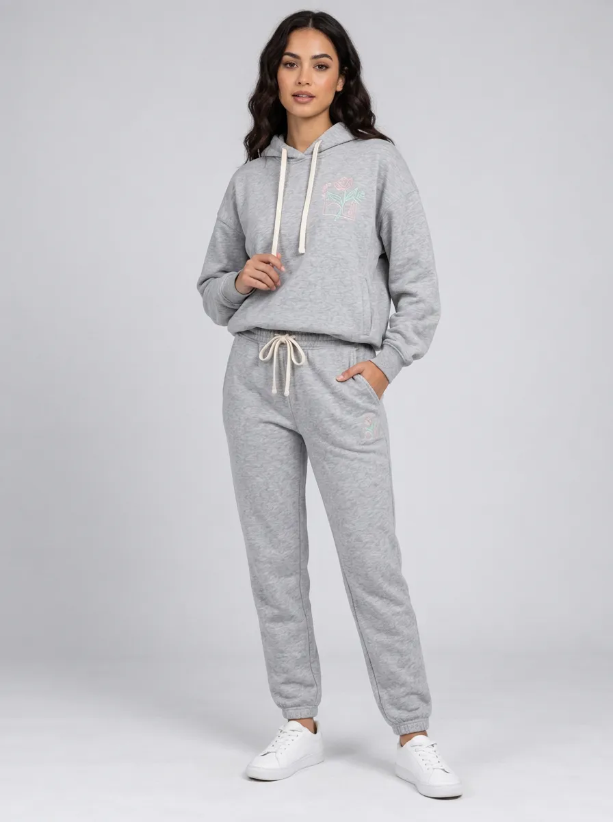 Women's Heather Grey Drawstring Hood Solid Hoodie & Pants Set