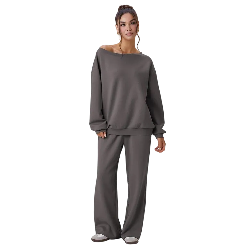 Women's Leisure Solid Color Sloping Shoulder Long Sleeve Top & Wide Leg Trousers