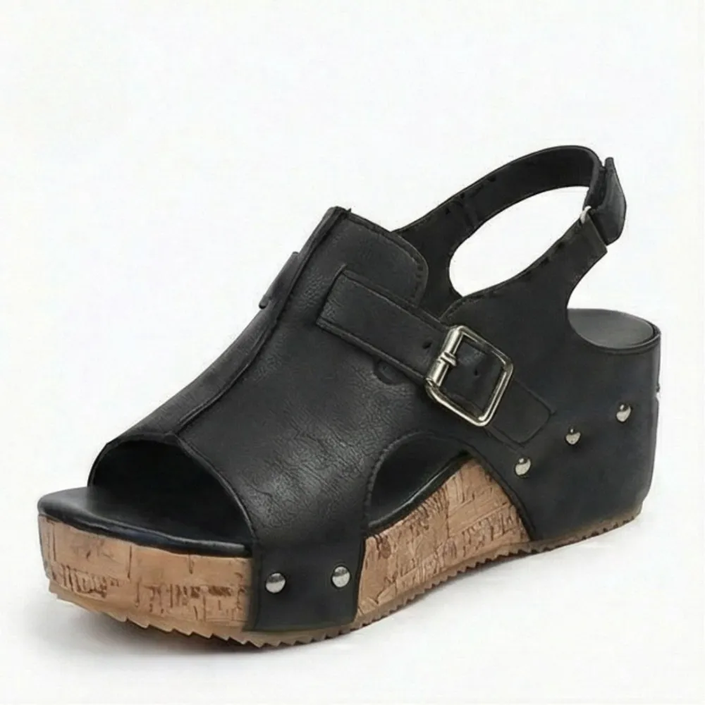 Retro Cork Wedge Sandals with Rivet Detail