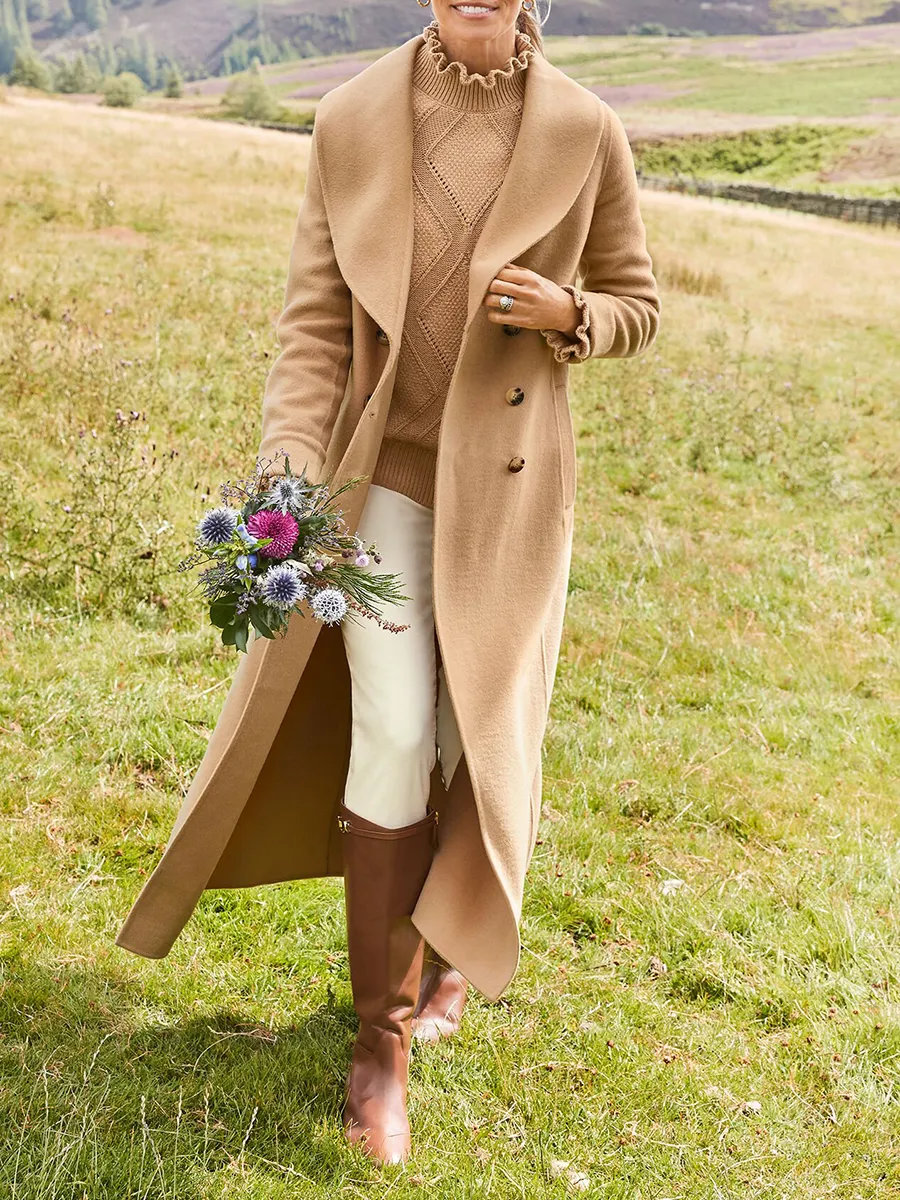 Women'S Double Sided Wool Blend Comfortable Shawl Collar Long Coat