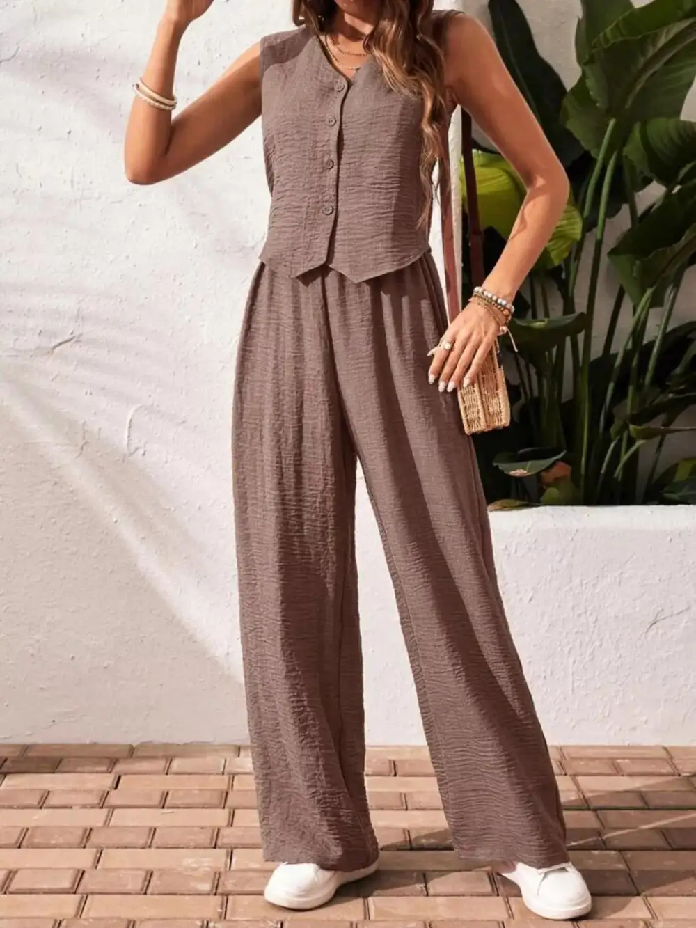 Button Down Vest & Wide Leg Pants Set