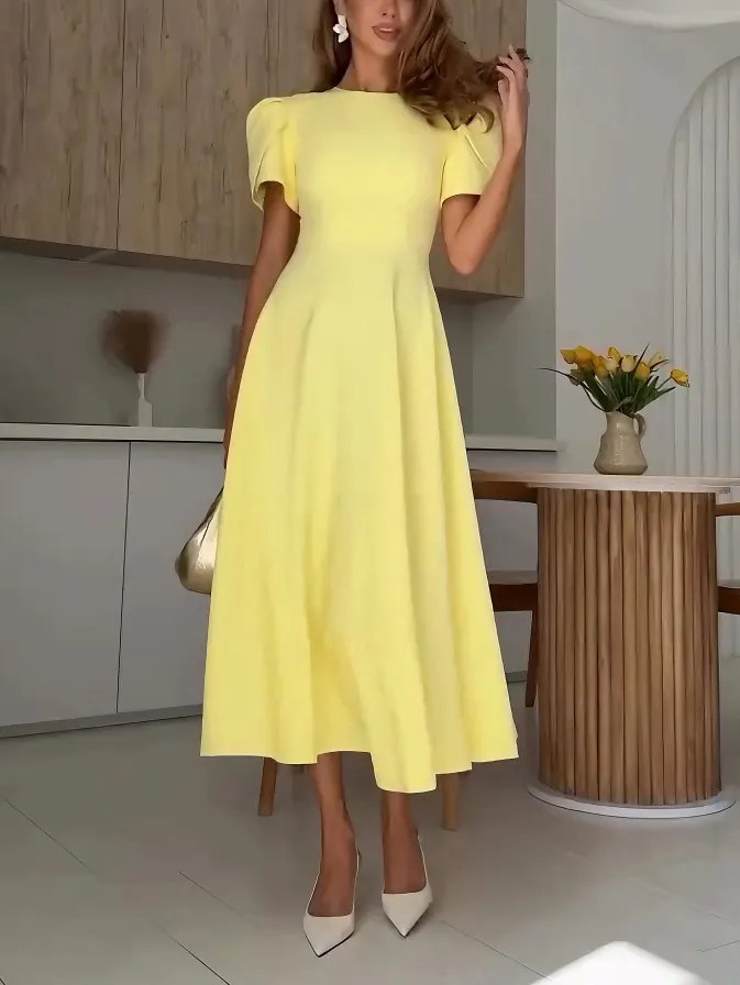 Elegant High Neck Bud Sleeve Midi Dress