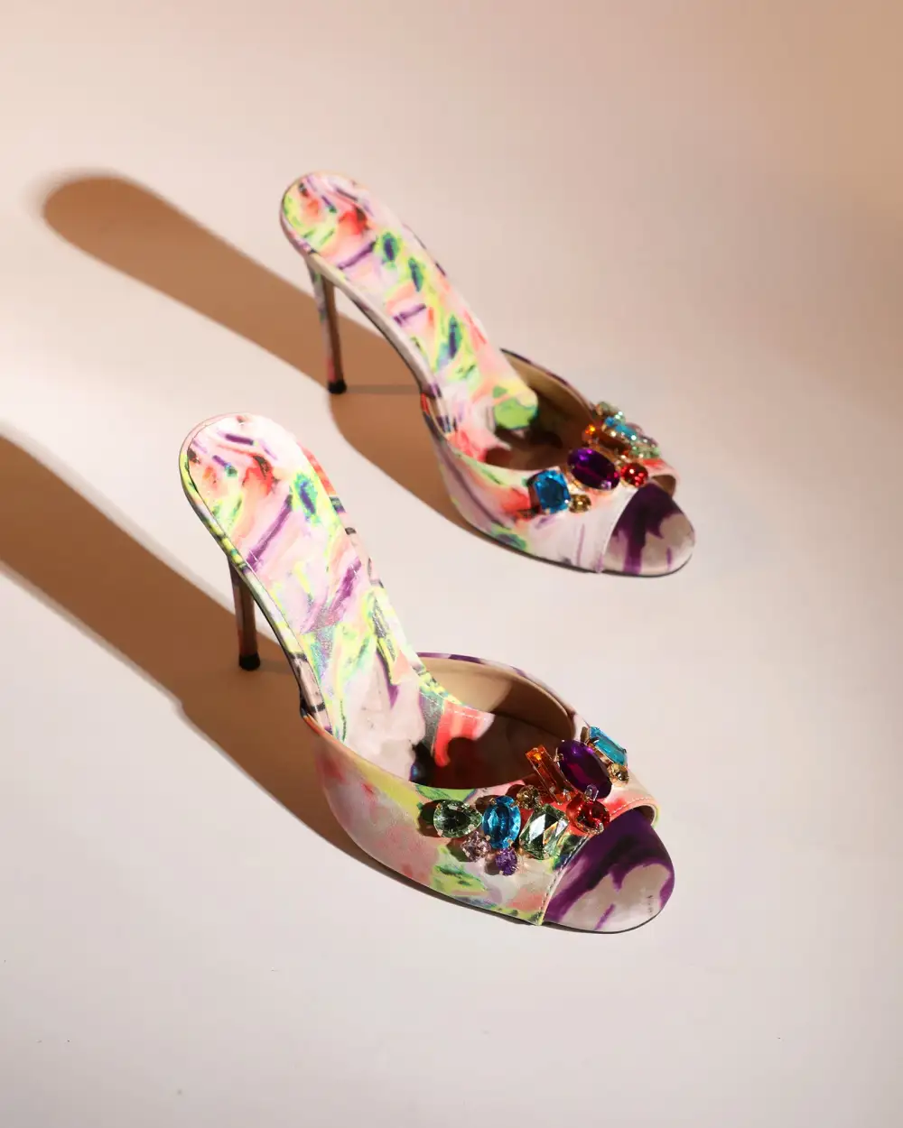 Printed Multicolor Diamond Open Toe Mules