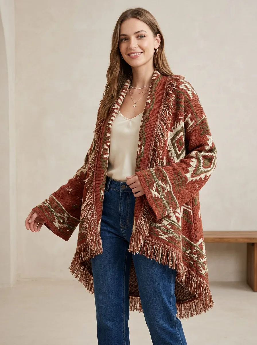 Women's Rust Geometric Pattern Fringe Cardigan Oversized