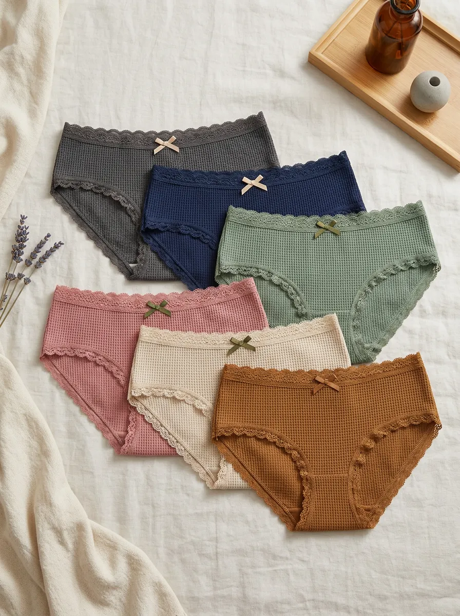 Women's Waffle Knit Bow Detail Lace Trim 6-Pack Panty Set