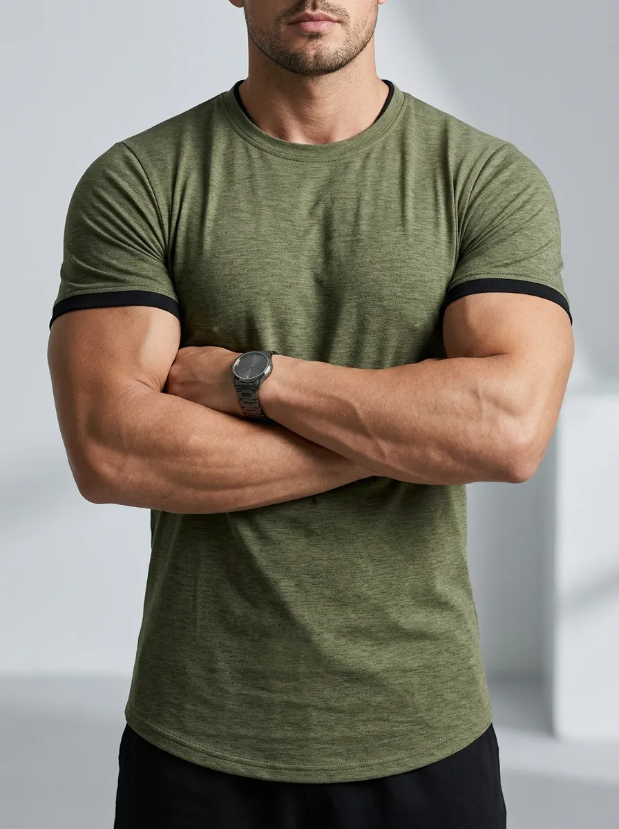 Minimal Ribbed Contrast Trim Crew Neck Casual Look Men's Slim Fit Short Sleeve T-Shirt