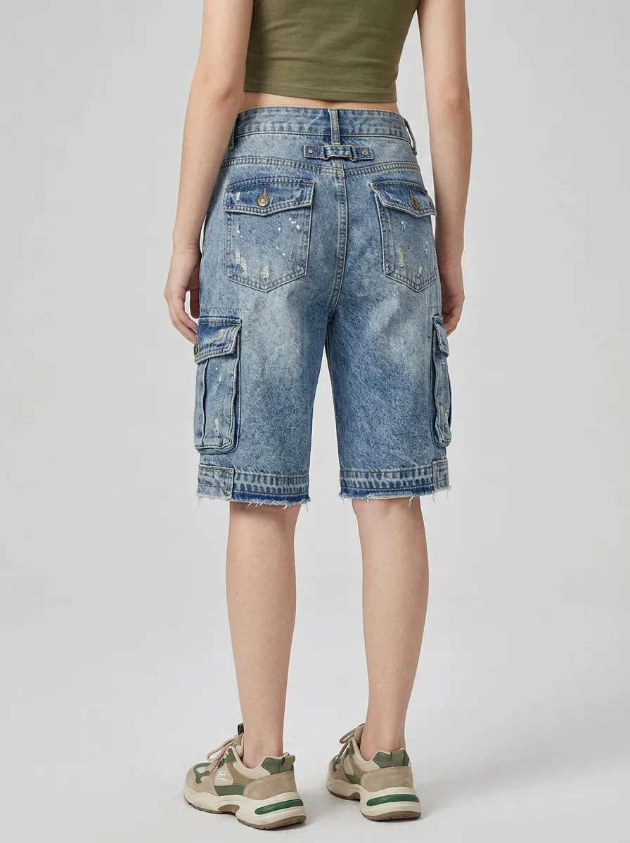 Women's Y2K Streetwear Distressed Cargo Denim Shorts