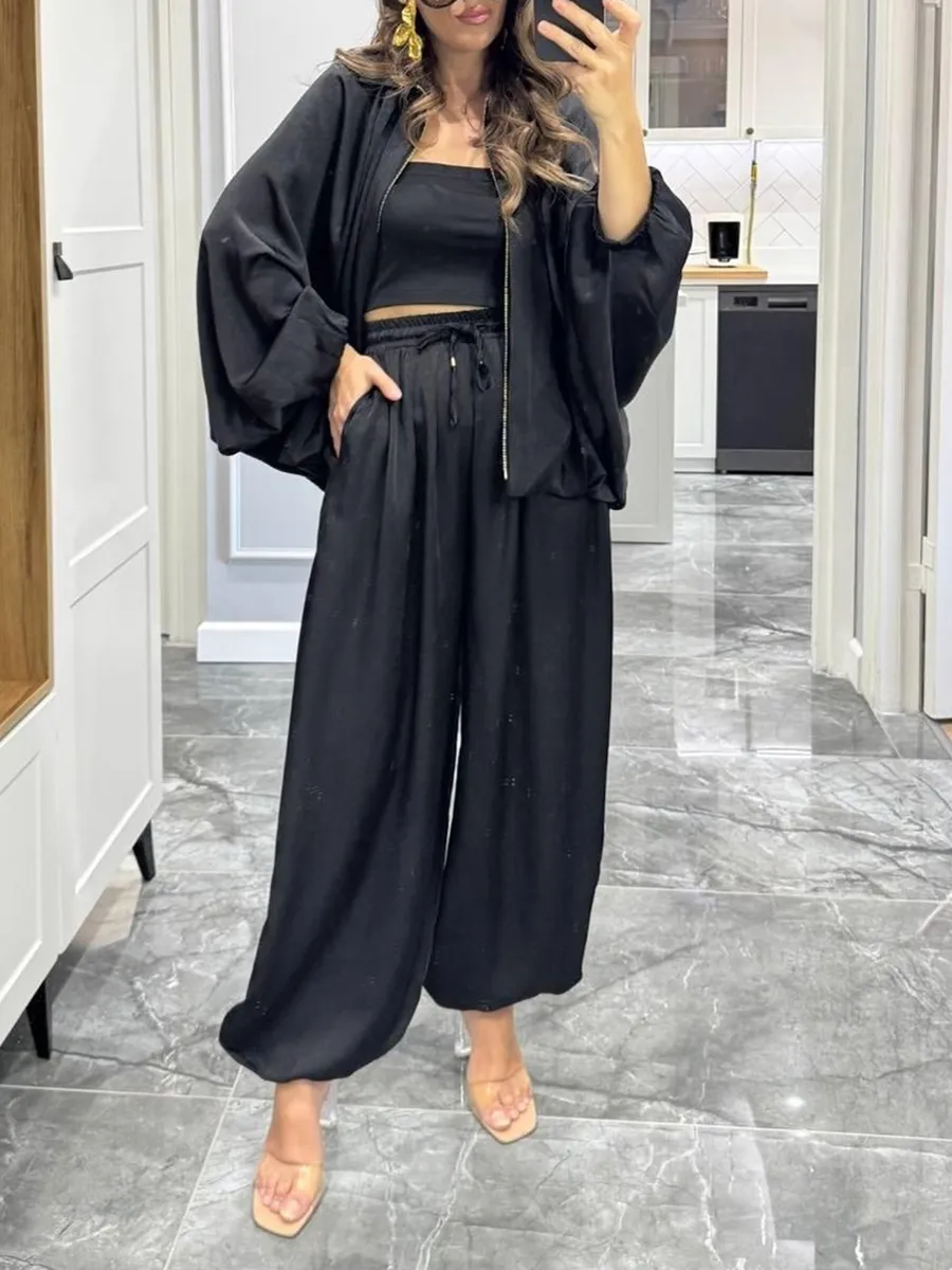 Women's solid color cross-section design casual zipper cardigan & pants set