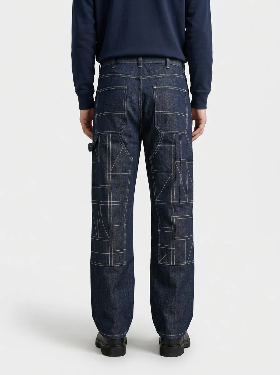 Men's Geometric Stitch Detail Wide Leg Jeans