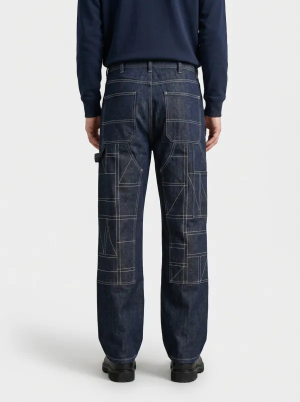 Men's Geometric Stitch Detail Wide Leg Jeans