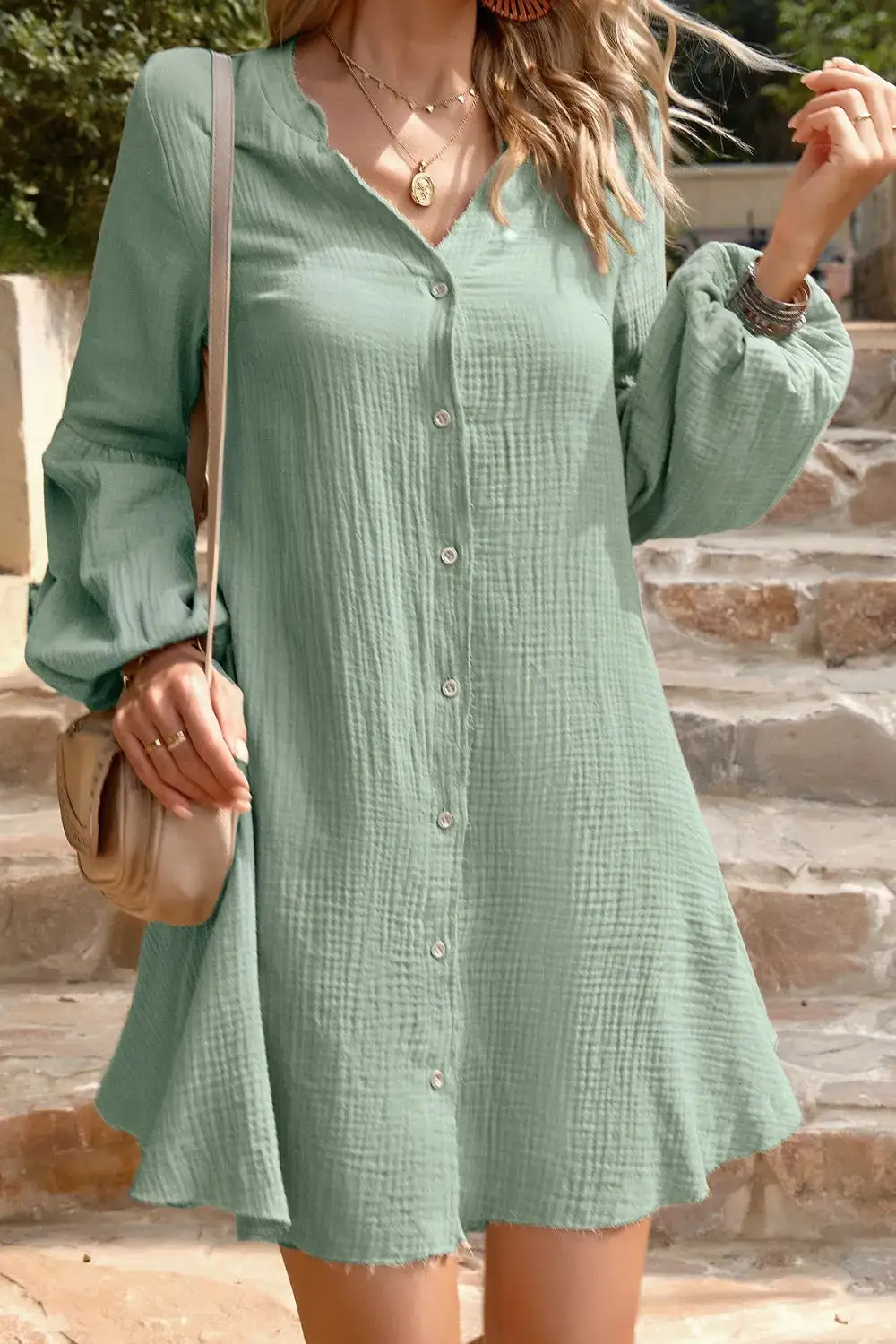 Notched Balloon Sleeve Mini Dress Mini Dress