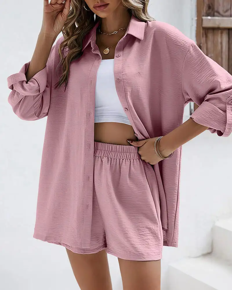 Long Sleeve Button-Down Shirt and High Waist Shorts Casual Two-Piece Set