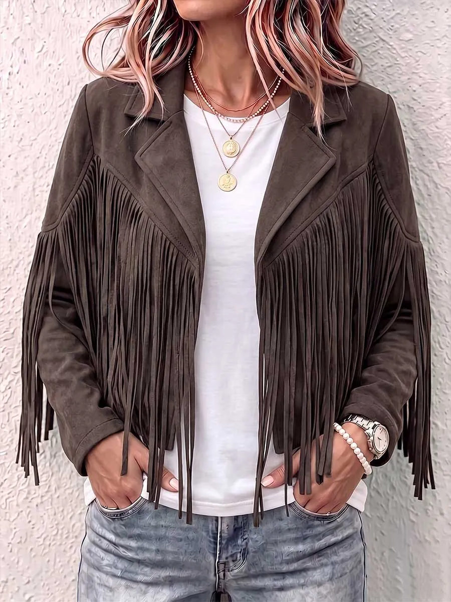Women S Solid Color Lapel Long-sleeved Casual Loose Tassel Jacket