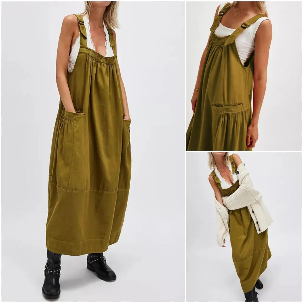 Women's Barrel Midi Dress Sleeveless Strappy Maxi Dress with Big Pockets & Adjustable Straps Minimalist Basic Casual Fall Dress