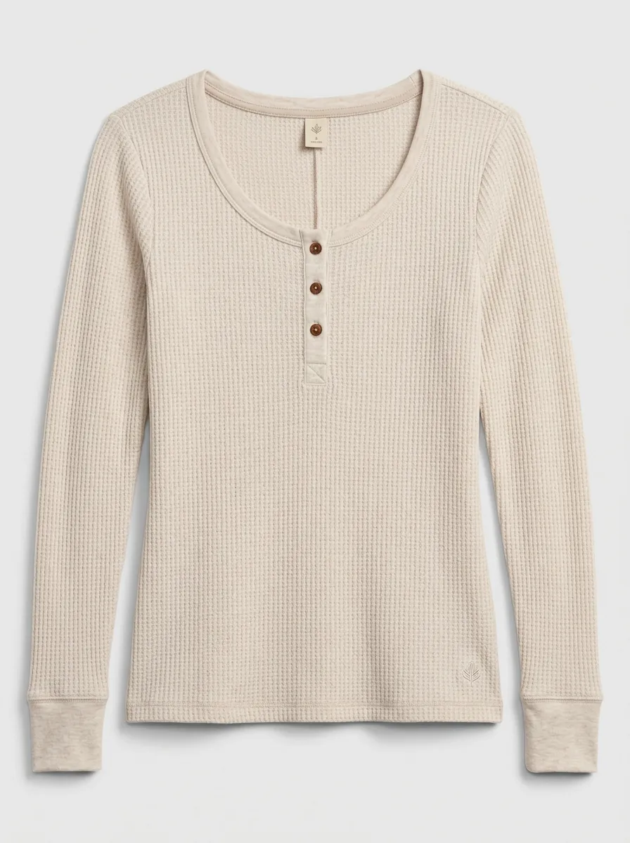 Women's Beige Waffle Knit Button-Front Long Sleeve Henley Top