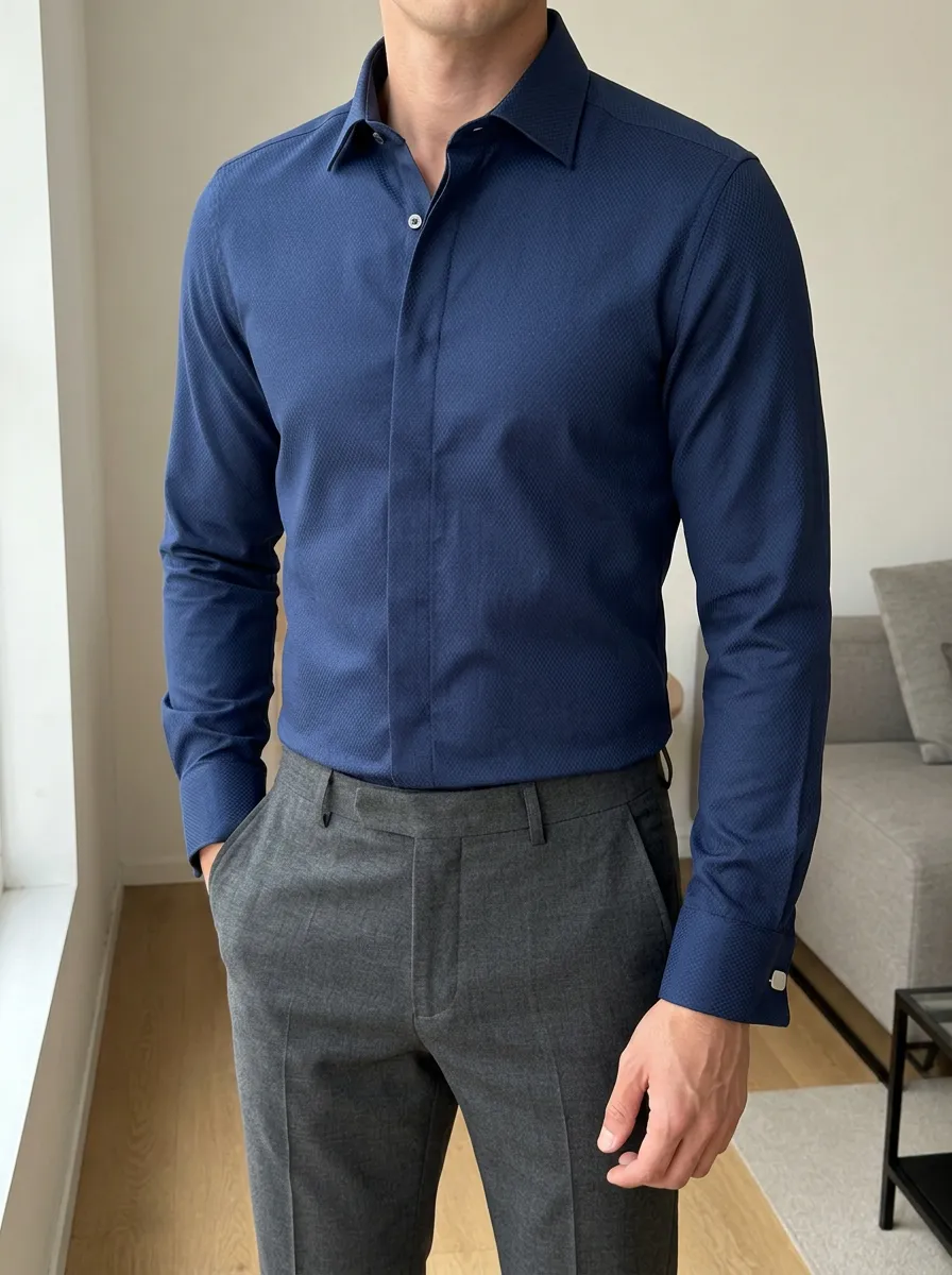 Men's Business Casual Navy Blue Textured Slim Fit Dress Shirt