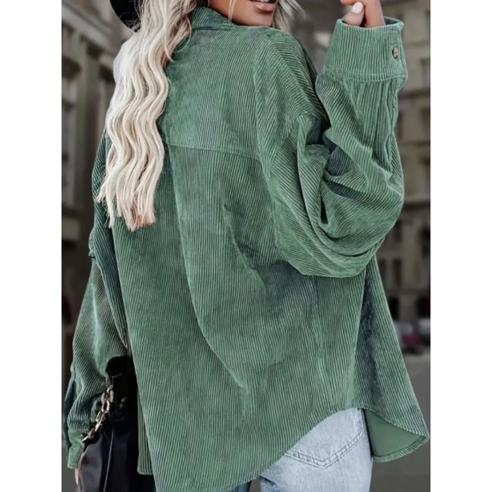 Women's Plain Pocket Button Front Corduroy Shirt