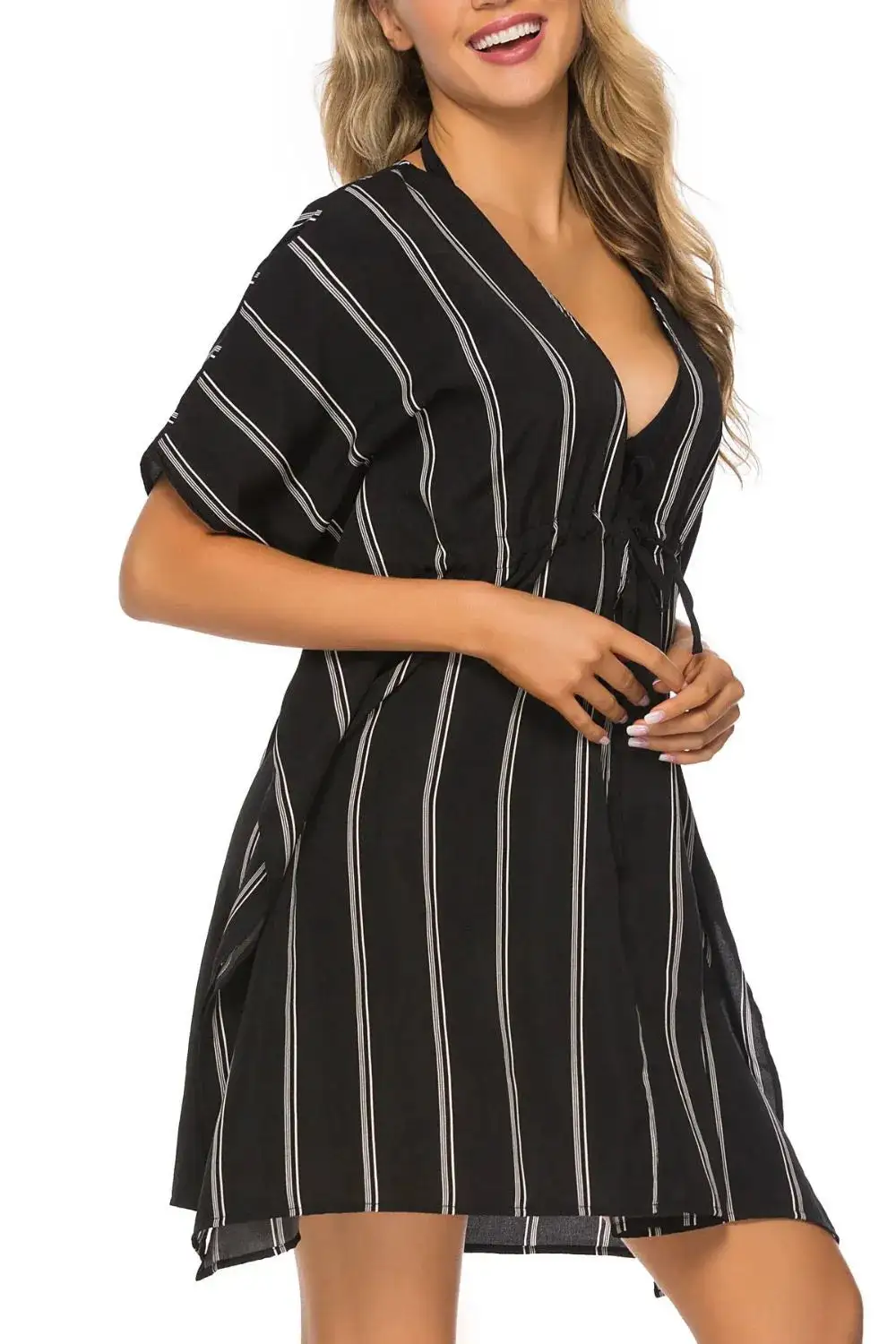 Drawstring Striped V Neck Swim Cover Up