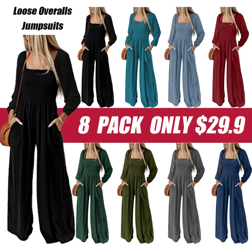 CLEARANCE SALE  Women's Casual Loose Overalls Jumpsuits One Piece Long Sleeve Wide Leg Long Pant Rompers With Pockets Plus Size Packge Suit