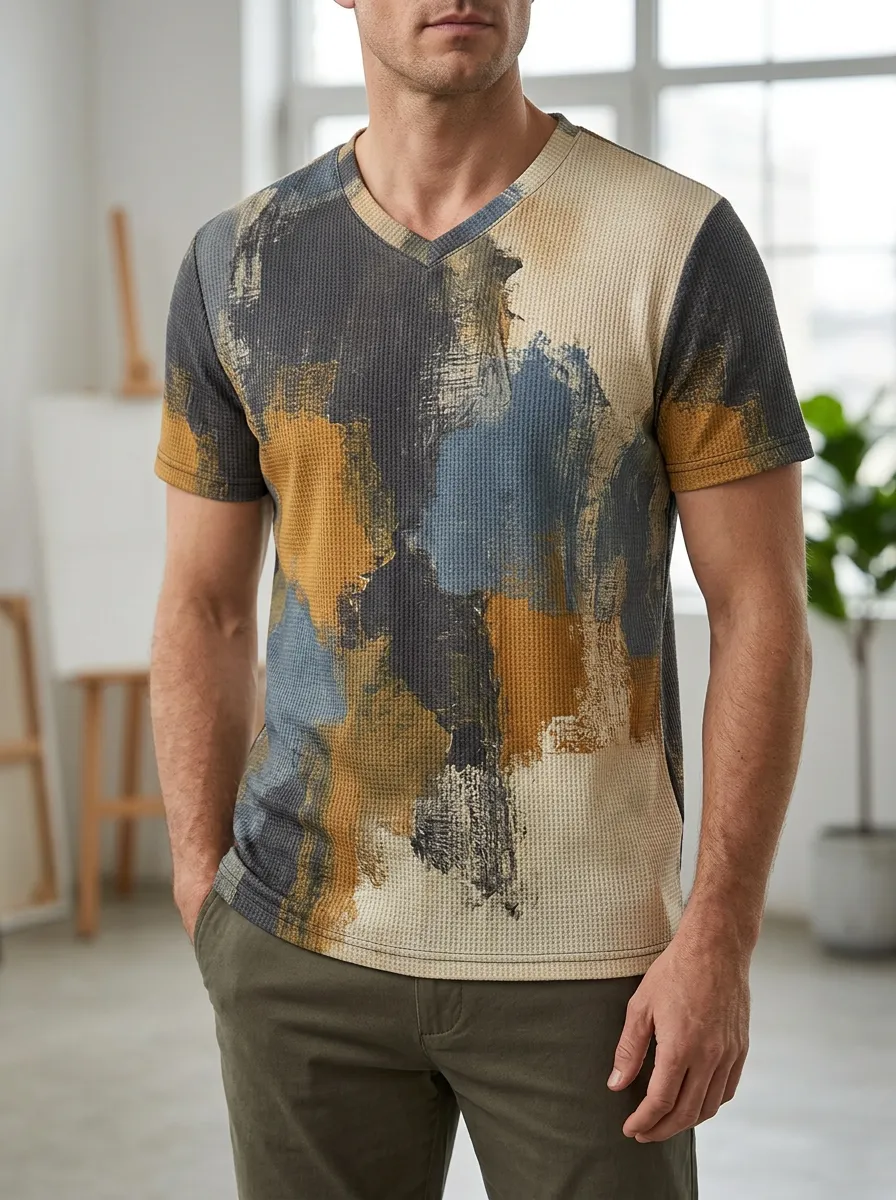 Men's Abstract Brushstroke Pattern Printed Waffle V-Neck T-Shirt