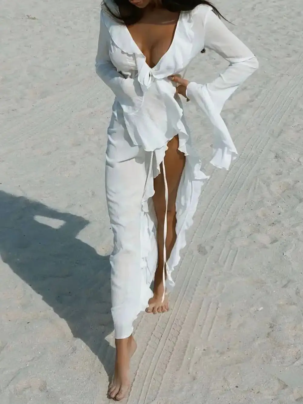 Ruffled Long Sleeve Dress Swim Cover Up