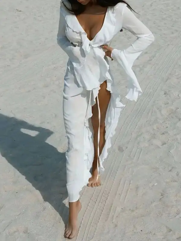 Ruffled Long Sleeve Dress Swim Cover Up