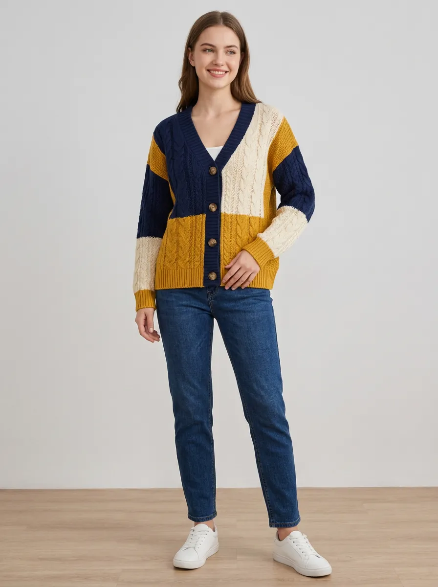 Women's Colorblock Cable-Knit V-Neck Cardigan