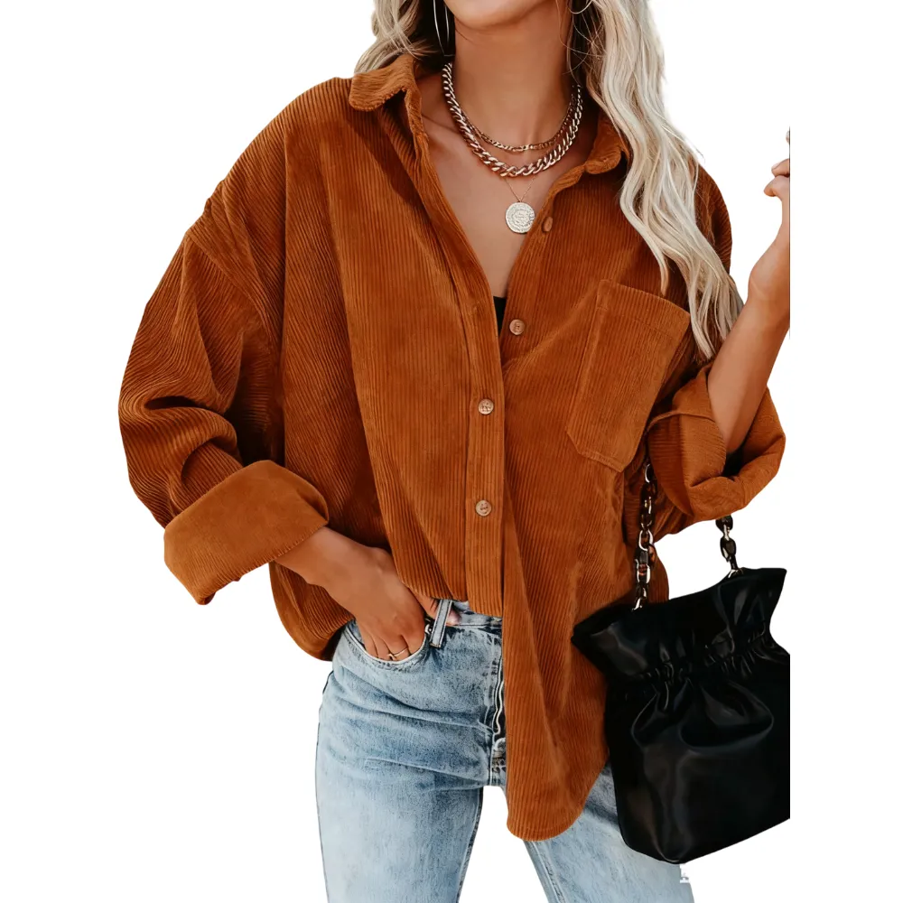 Women's Plain Pocket Button Front Corduroy Shirt