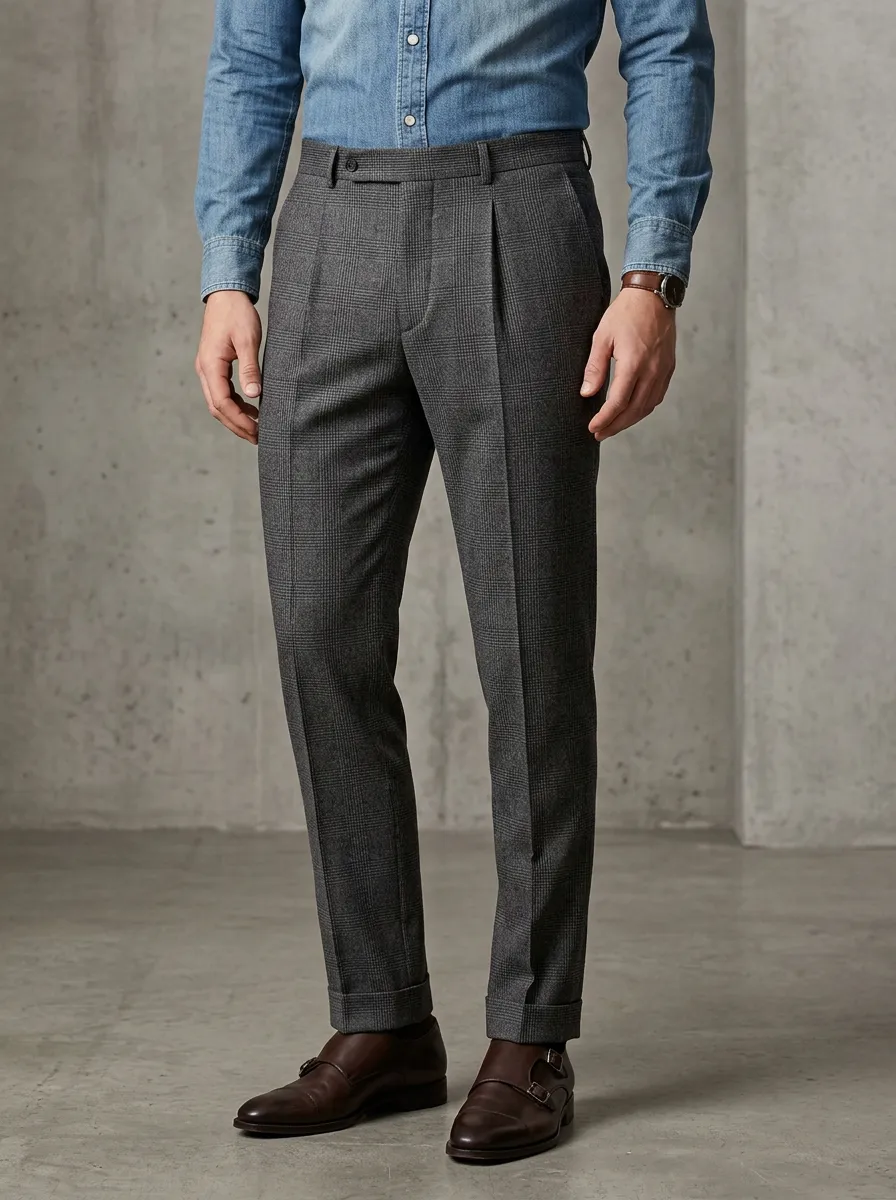 Men's Grey Plaid Business Casual Trousers